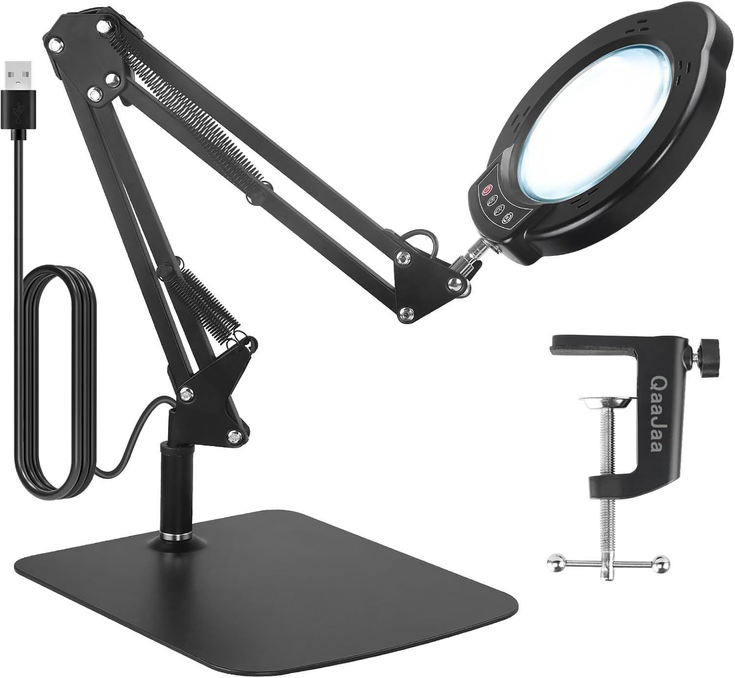 1台2役 QaaJaa スタンド 拡大鏡 ライト ルーペ 卓上 ライト付き 15倍の倍率拡大鏡を搭載 トップボタン操作 角度調整 無段階調光 5種色温度 USB給電 置き型 クリップ対応 目に優しい 多用途 ブラック 15X