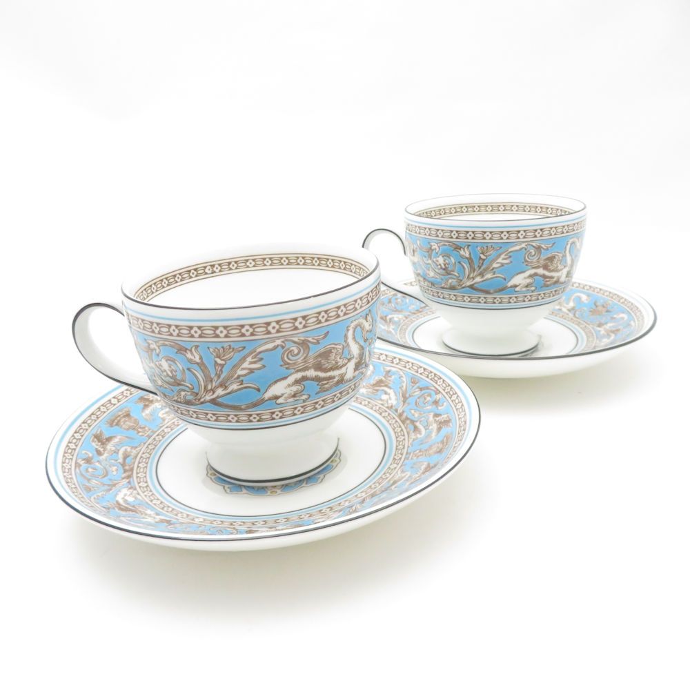 WEDGWOOD ウェッジウッド フロレンティーンターコイズ ティーカップ＆ソーサー 2客 ペア リー 黒壺 SM4697X1