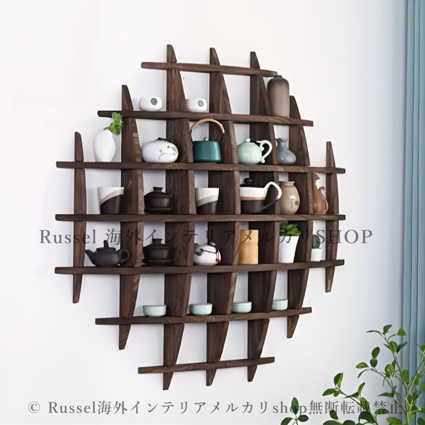 ウォールシェルフ 木製 飾り棚 ラック アンティーク風 茶碗ラック 茶器展示棚 モダン シンプル 壁掛け収納 ホームデコ 組み立て 壁掛けインテリア ウォールインテリア 4-7