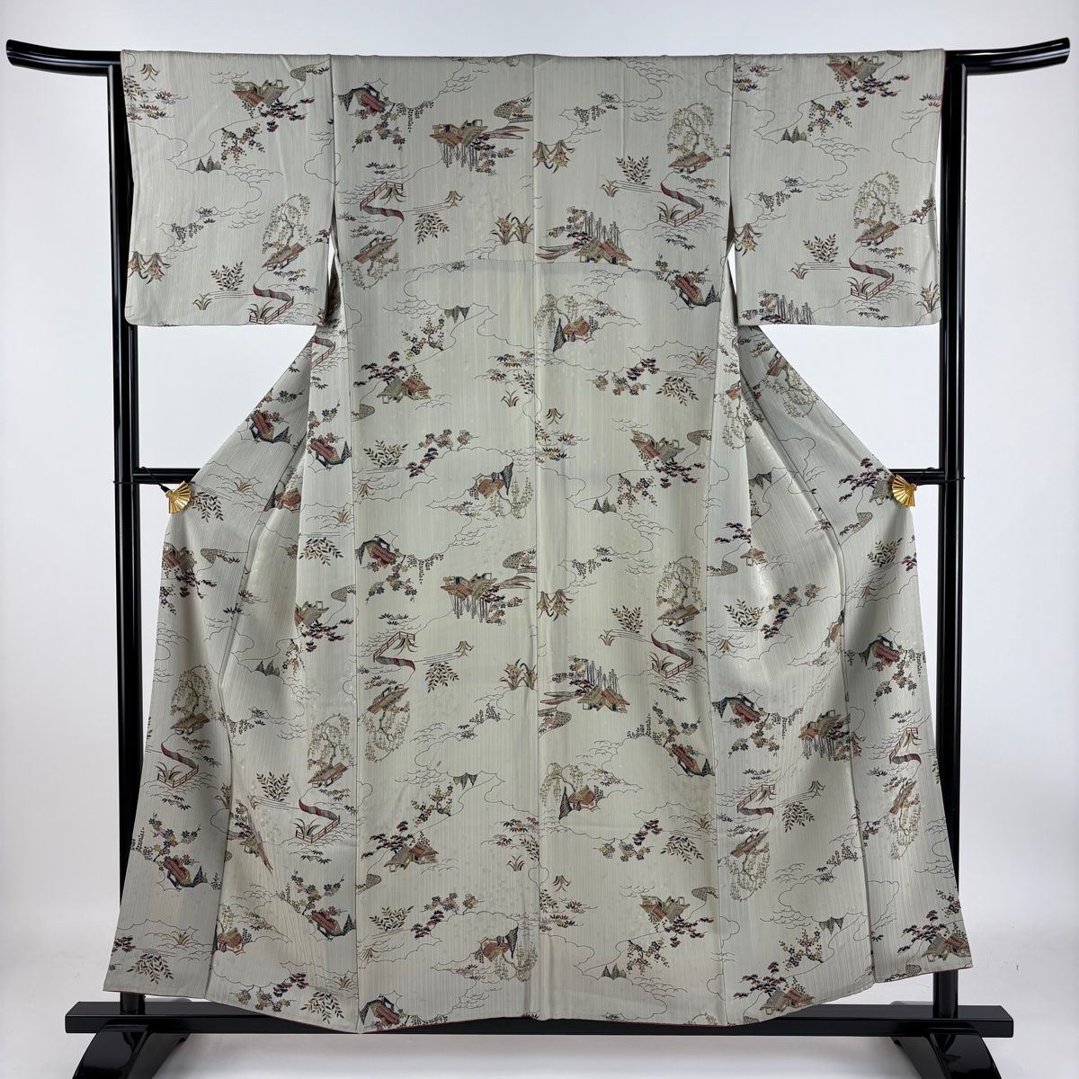 小紋 身丈165cm 裄丈64.5cm M 袷 花鳥 家屋 クリーム 正絹 秀品