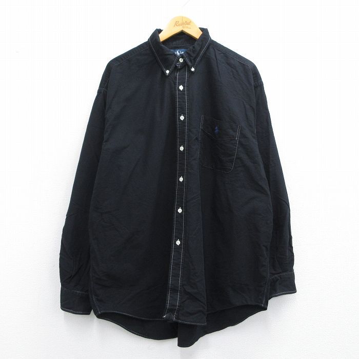 XL|古着 ラルフローレン 長袖 ブランド シャツ メンズ 90s ワンポイントロゴ BIG SHIRTS 大きいサイズ コットン ボタンダウン 黒 ブラック