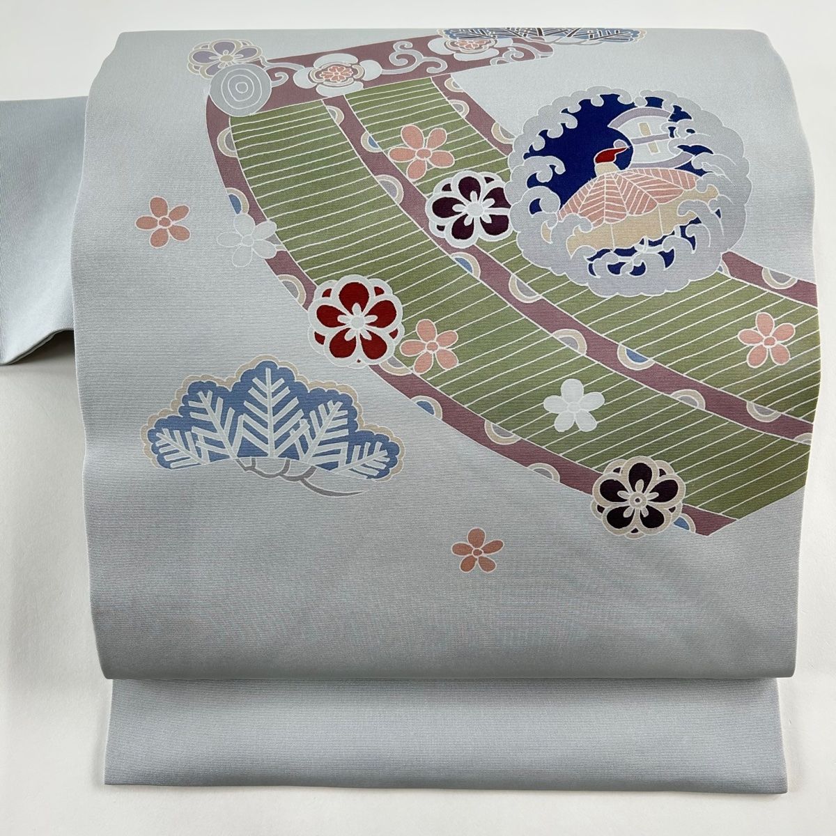 名古屋帯 秀品 巻物 笠松 青灰色 正絹