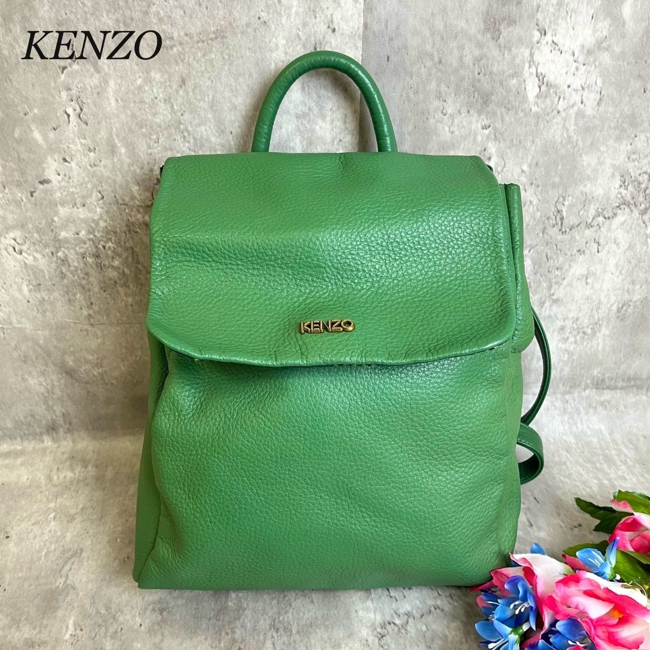 ✨美品✨ KENZO ケンゾー リュックサック ハンドバッグ バッグパック ナップサック ロゴ刻印 ギンガムチェック ゴールド金具 シボ革 レザー  レディース グリーン 緑色