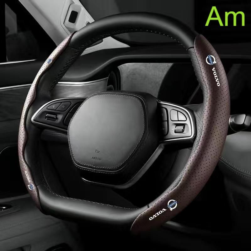 ボルボ VOLVOモカブラウンハンドルカバー ハンドル保護 専車ロゴ ステアリングカバー レザー 滑り止め D型 O型 分割 タイプ 2本セット aacn qtm