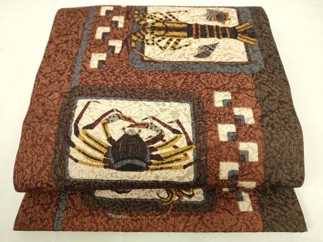 平和屋着物●両面　全通柄袋帯　イカ　タコ　蟹　海老　貝　正絹　逸品　DAAW4433cm 平和屋着物○両面 全通柄袋帯 イカ タコ 蟹 海老 貝 正絹 逸品