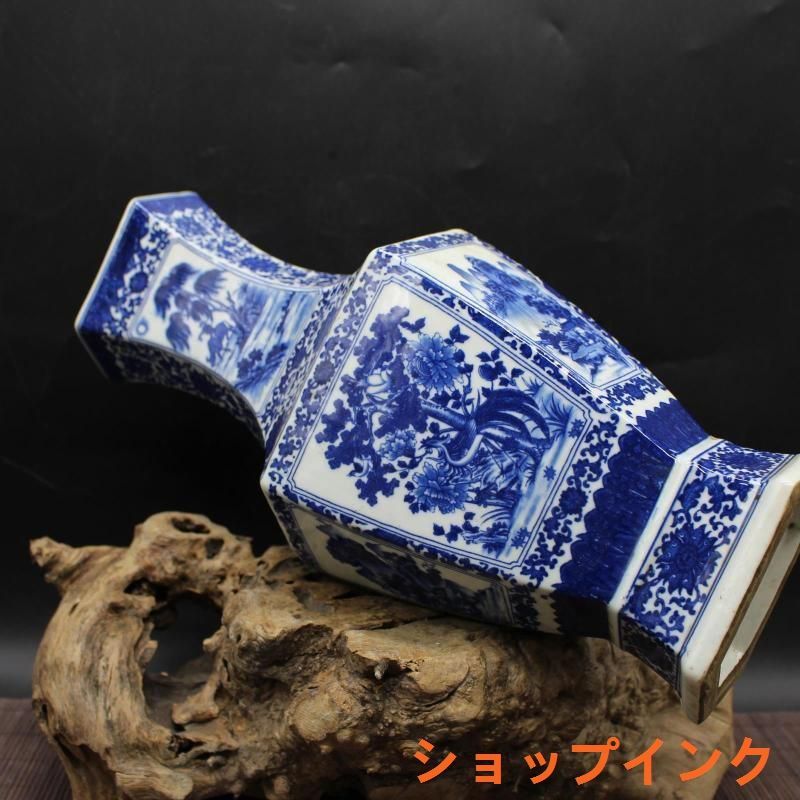 清乾隆青花人物花鳥六方賞瓶 景徳鎮 陶磁器 装飾品 現代工芸品