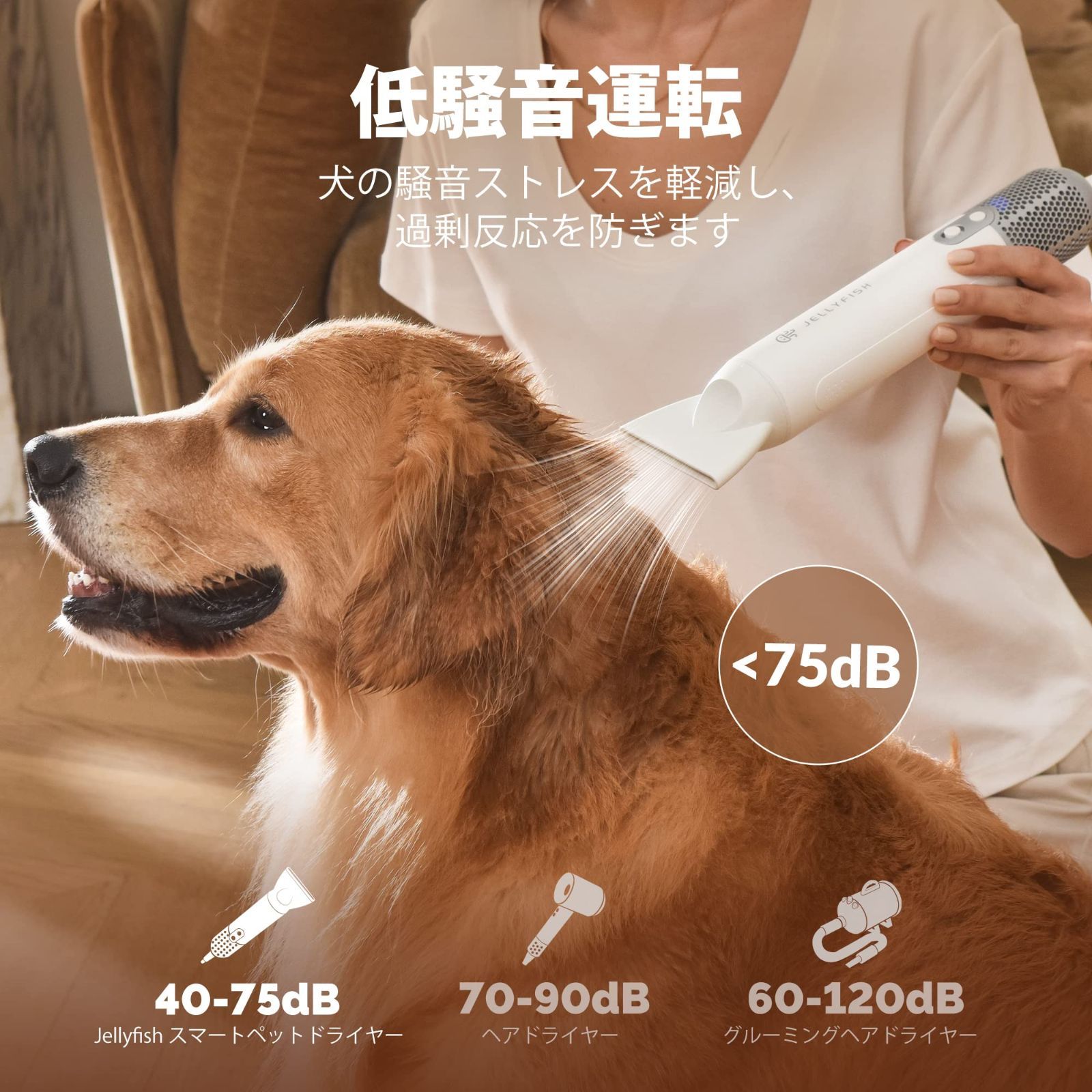 Jellyfish 犬ドライヤー ペットグルーミング用 ペットドライ 高速ペットブロワー 小型 コンパクト 0 5キログラムの軽量ポータブル 猫 犬用ドライヤー 時短 速乾 温度風量 調節 3種ノズル付き 家庭用および旅行用 PSE認証 犬用品まとめセット ペット用ドライヤー 