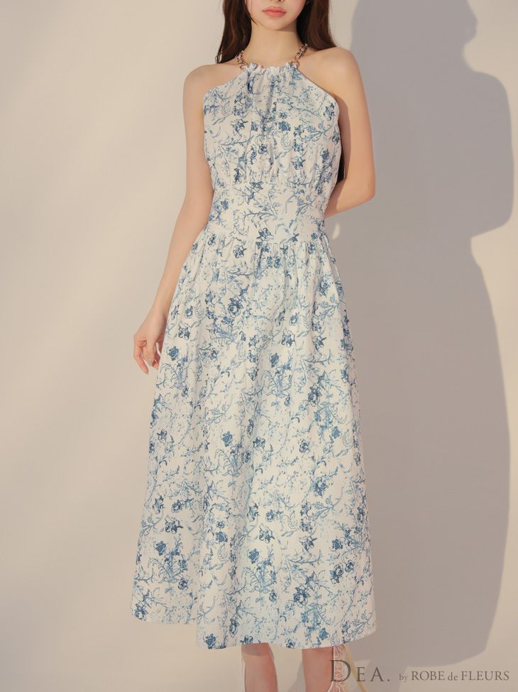 人気アイテムお得に購入！ ブルー DE3783-BL-2503 Lサイズあり DEA.by ROBE de FLEURS|ディアバイローブドフルール 花柄| ホルターネック| アメスリ| フ | ロング| ワンピース| ミモレ丈| ミディアムドレス| キャバドレス long