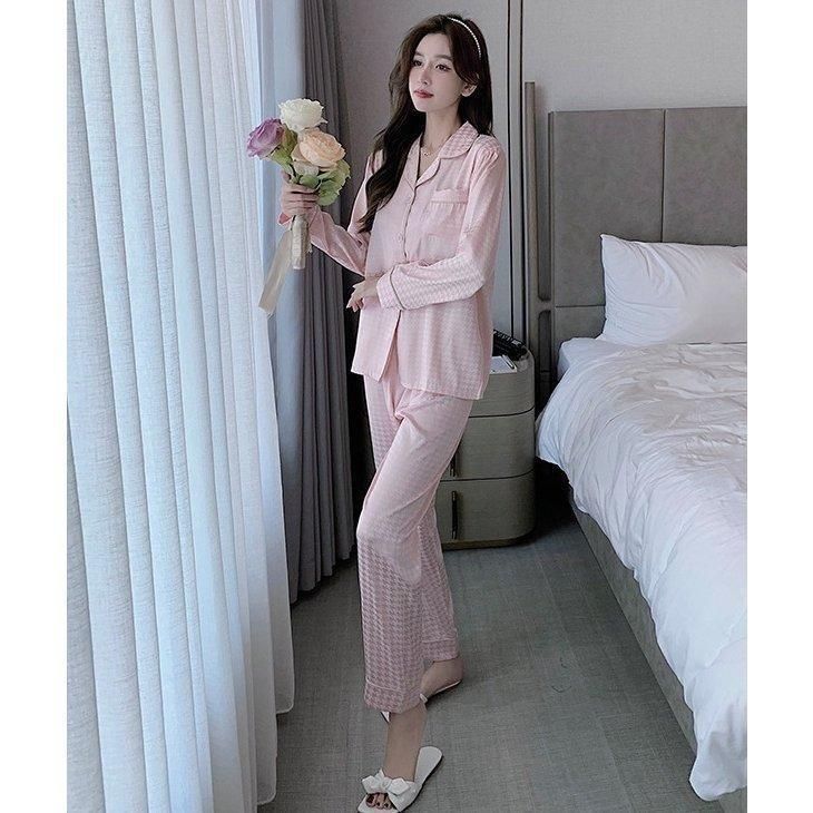 パジャマ ルームウェア 上下 2点セット レディース 女性 長袖 シャツ オープン ロングパンツ 長ズボン 胸ポケット 千鳥柄 大きいサイズ ト