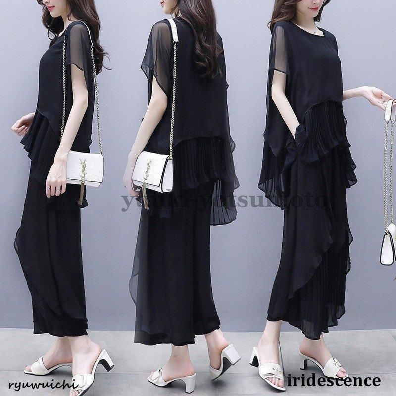 パンツドレス 結婚式 シフォン レディース セットアップ ガウチョパンツ パンツスーツ 2点セット ブラウス ワイドパンツ オフィス 通勤