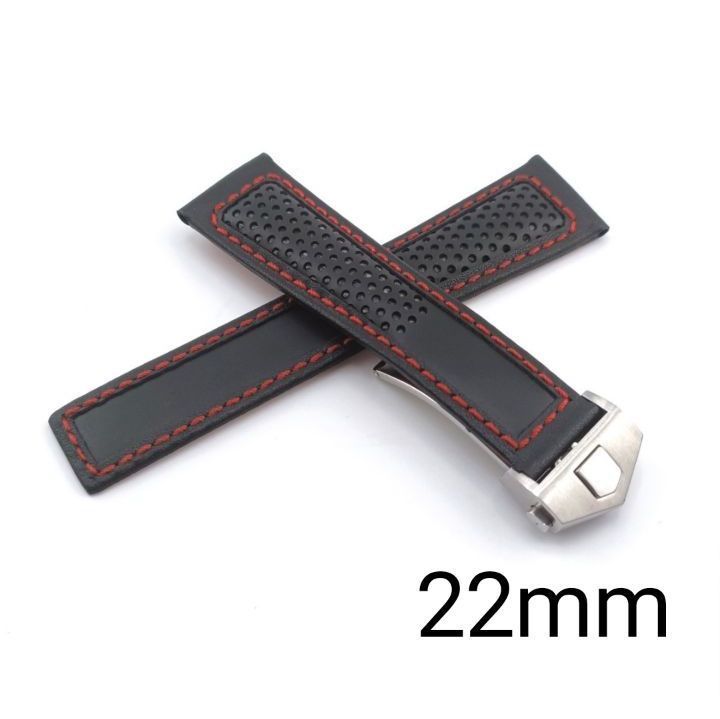 22mm 腕時計 レザー 革ベルト ブラック×レッド 黒 赤 Dバックル 【対応