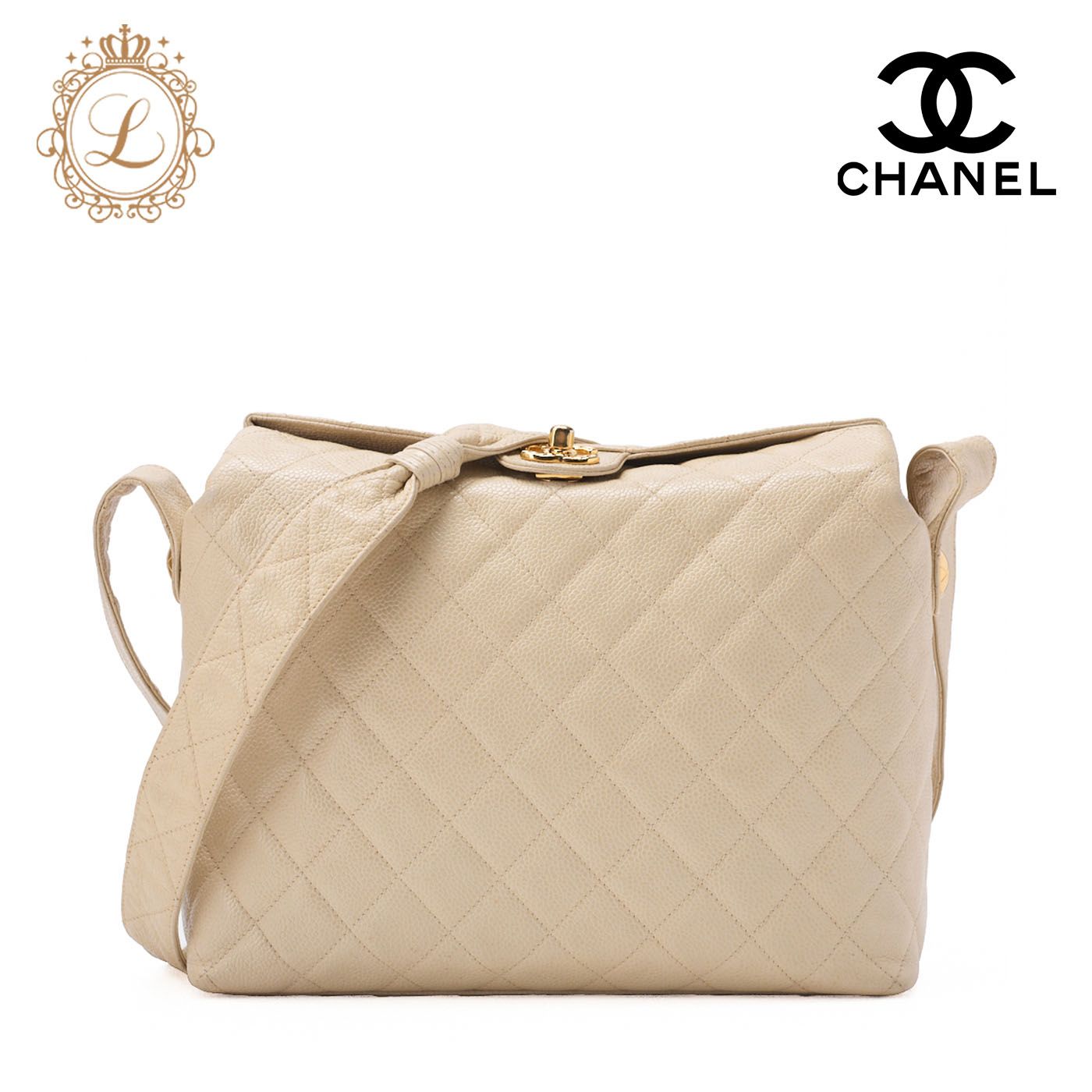 CHANEL シャネル マトラッセ 上部ココマーク ショルダーバッグ キャビアスキン ベージ ゴールド金具 レディース 送料無料