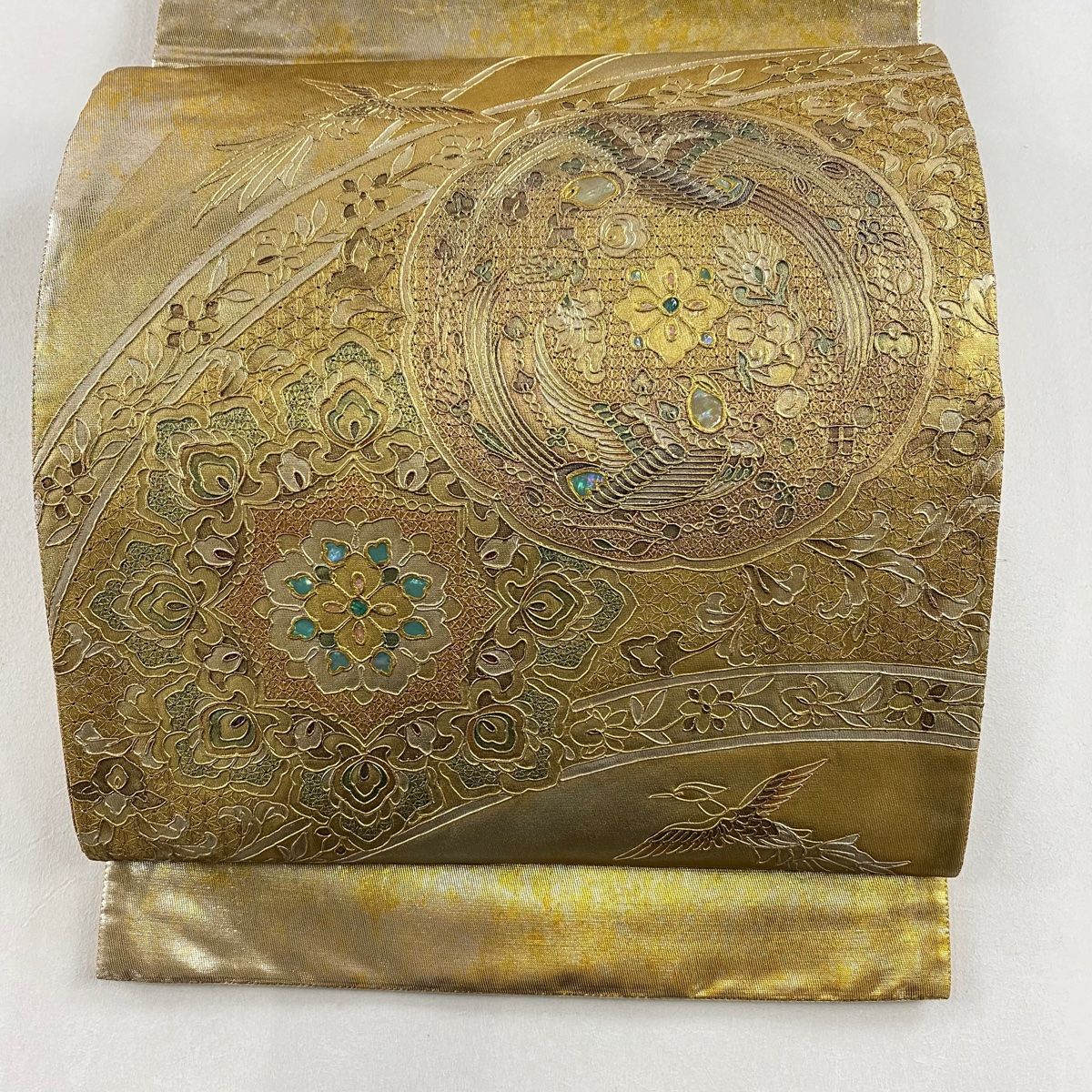 臈纈染 染帯 袋帯 金彩 正絹 お太鼓柄 ガード加工済 Q947 臈纈染 染帯 袋帯 金彩 正絹 お太鼓柄 ガード加工済 Q947