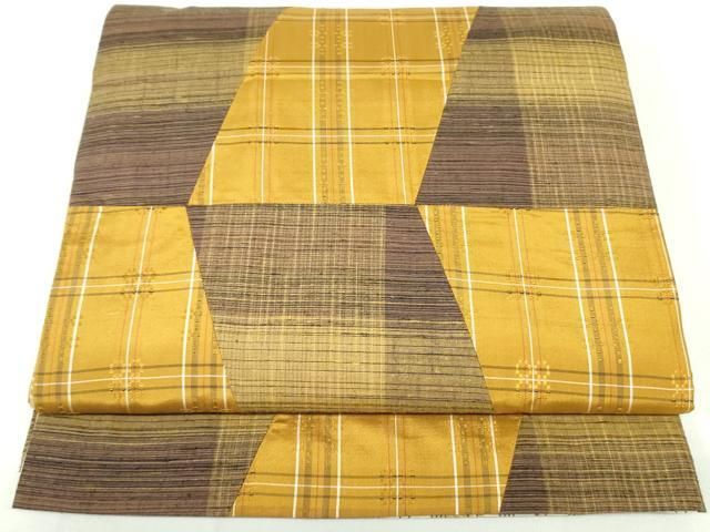 平和屋着物●両面 全通柄袋帯 スリーシーズン 春夏秋 紬地 花織 切嵌 幾何学格子文 正絹 逸品 DAAU6950ob