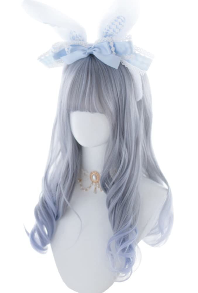 【新着商品】ロング カール 巻き髪 グラデーション ウィッグ かつら ロリータウィッグ パーティー 耐熱ウィッグ ロリータlolita風 日常 GAL系 コスプレ 小顔効果 原宿風 (グレー 水色) 応募券