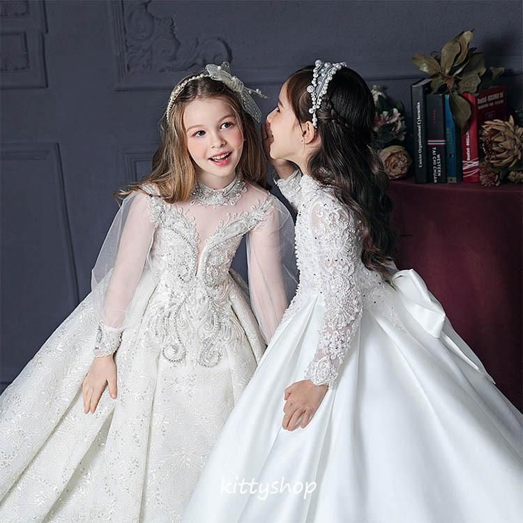 子供ドレス ロングドレス ピアノ発表会 白 ホワイトドレス 長袖 ハイネック プリンセスドレス 女児ドレス 結婚式 キレイめ ロングドレス