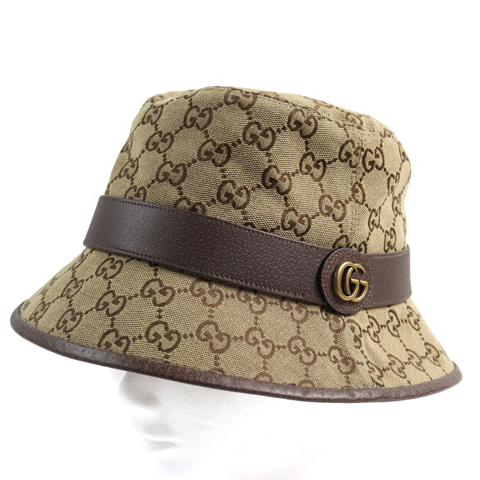 ○GUCCI グッチ 576587 GGキャンバス フェドラハット GGマーモント レザートリム バケットハット ベージュ ブラウン L 59cm 保存袋付き イタリア製 メンズ 定価79 200円