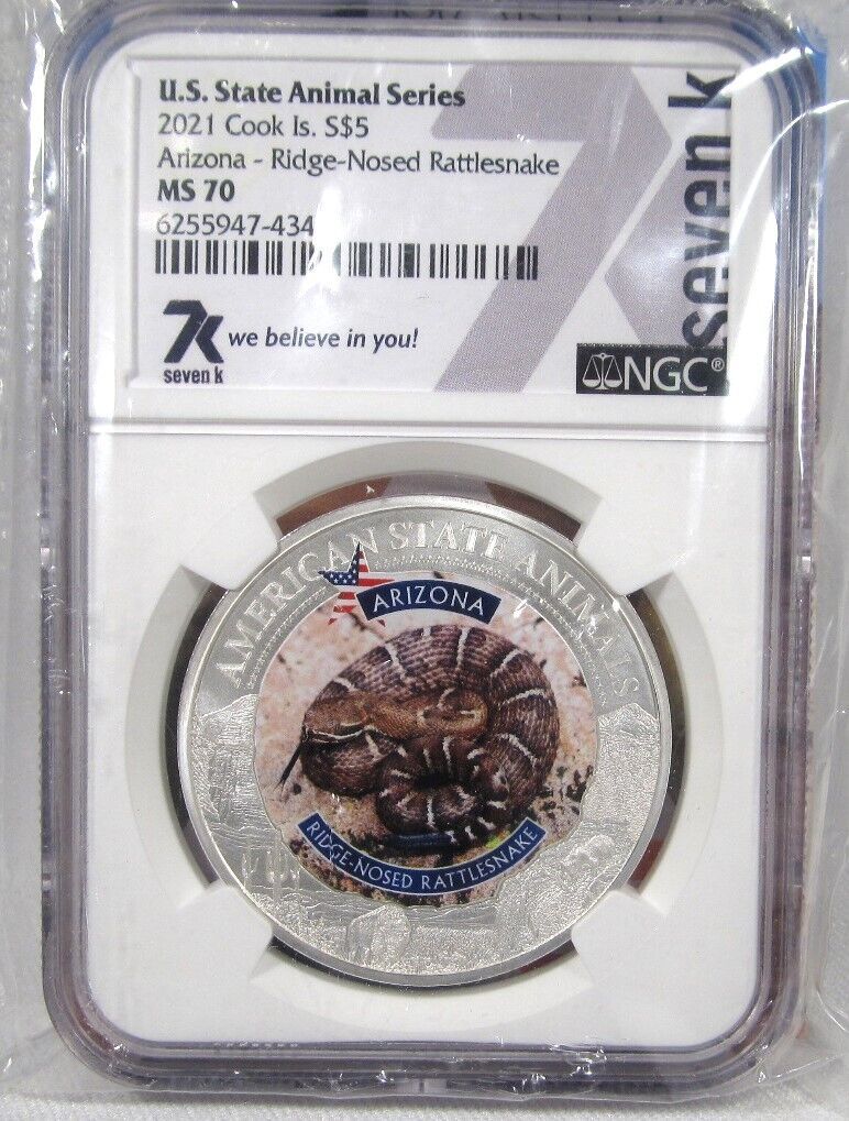 2021 Cook Islands Silver $5 Dollars Arizona Rattlesnake NGC MS70 AP814