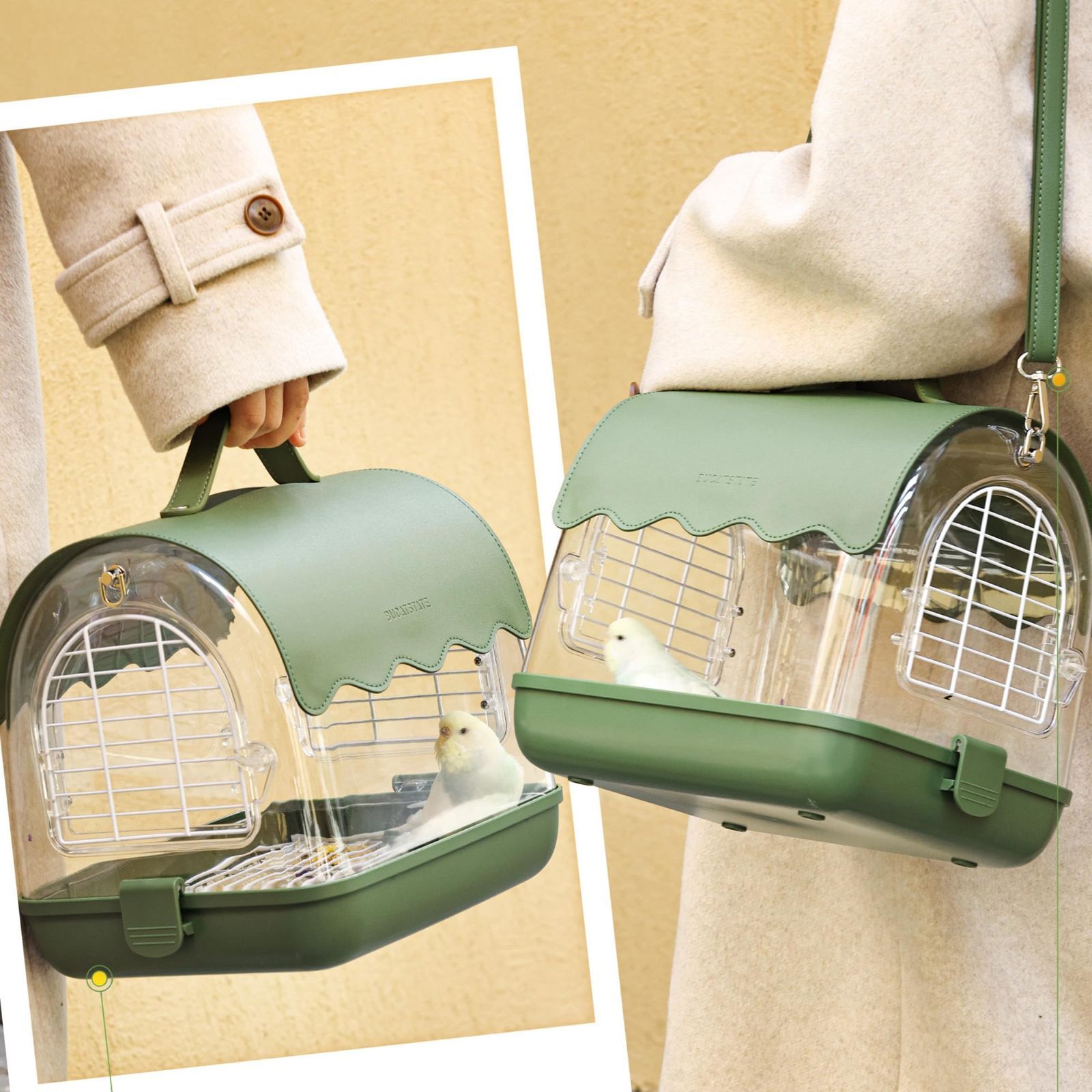 Color グリーン BUCATSTATE お出かけ ケージ 飼育ケージ 鳥かご バードケージ 持ち運び 通気 透明 シェード付き おしゃれ 手提げ 肩掛け 2WAYタイプ インコ ハムスター ハリネズミ 爬虫類など小動物用 おでかけ ケージ グリーン