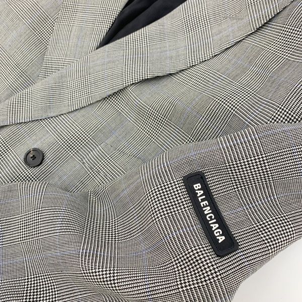 BALENCIAGA バレンシアガ ダブルブレスト テーラードジャケット グレンチェック 3ボタン メンズ サイズ42 グレー系 アウター DM16469 KANDAIZUMI_COM