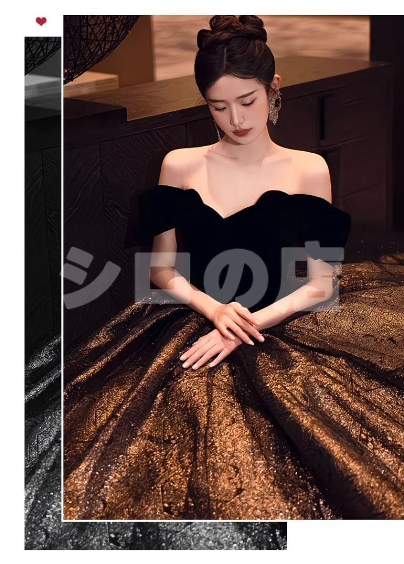 ドレス レディース ロングドレス 赫本風 黒 オフショルダー 感 エレガント ?礼服 パーティー 二次会 成人式 発表会 ステージ衣装 年会