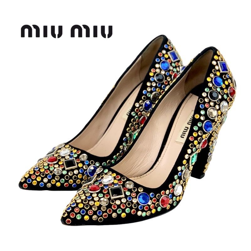 ミュウミュウ MIUMIU パンプス 靴 シューズ スエード ブラック マルチカラー ビジュー パーティーシューズ - メルカリ