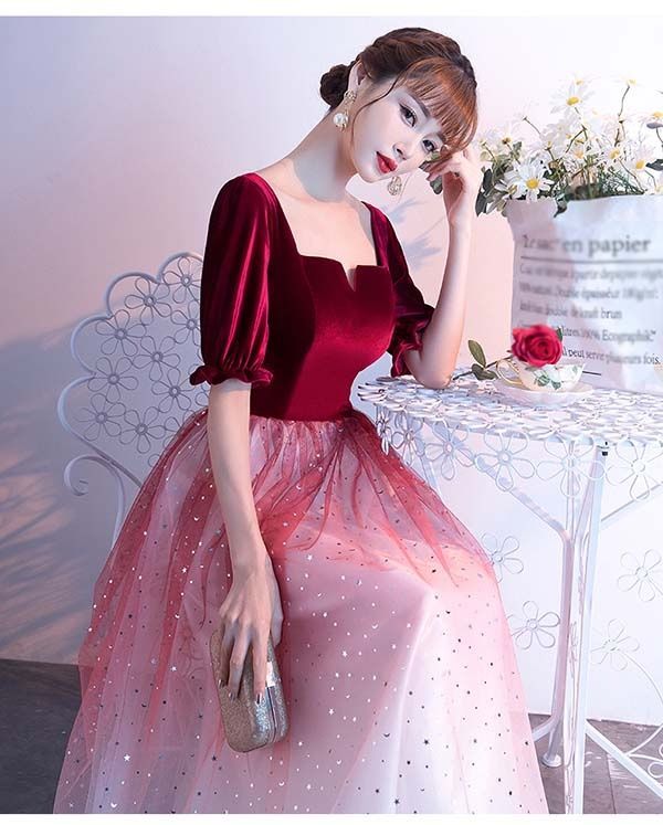 パーティードレス ミモレ丈 結婚式 袖あり パフスリーブ