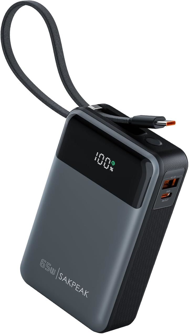 sakpeak Power Bank 65W Built-In USB-C Cable モバイルバッテリー 20000mAh 65W出力 大容量 USB-Cケーブル内蔵 一体型USB PD/PPS 2.0/PSE基準適合