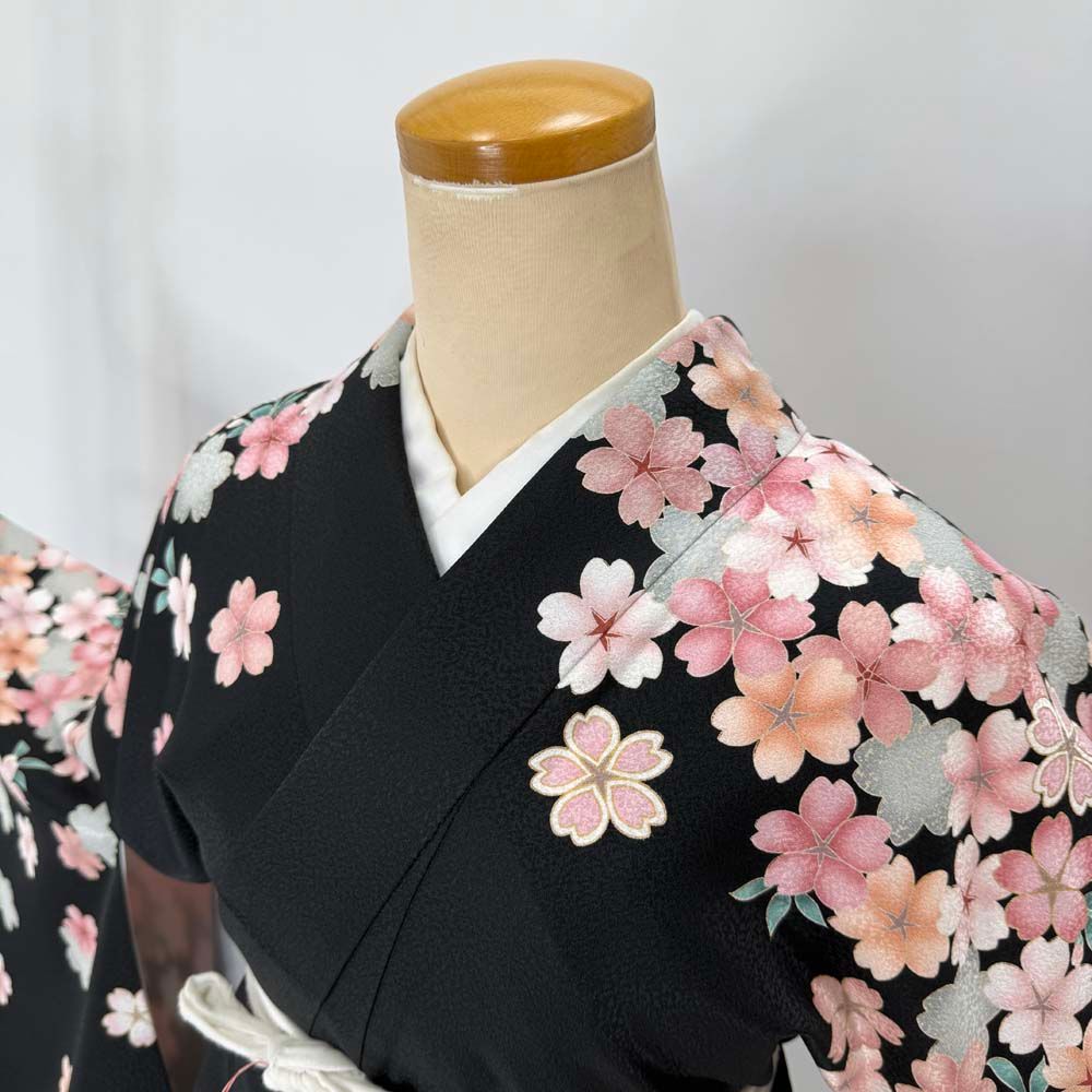 二尺袖 単品 卒業式着物 黒 裄68cm 幅広 大きい Lサイズ 袴用着物 化繊 4676