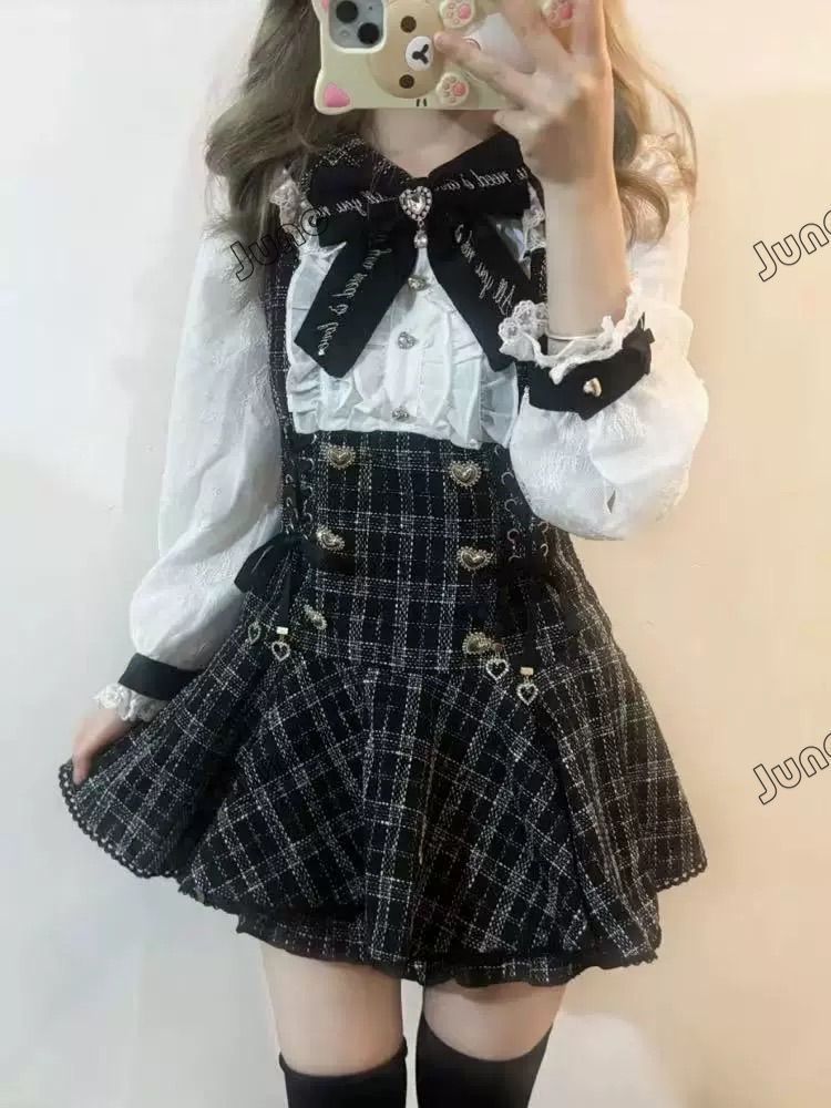 長袖??半袖あり チェック柄 ワンピース セットアップ風 地雷系 量産型 ジャケット風 フリルブラウス付き リボン付き 黒 ガーリー系 病みか