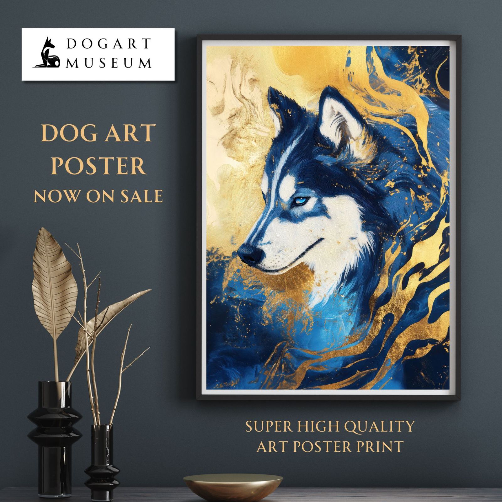 青と金 - シベリアンハスキー犬 No.1 ゴールド ペットロス うちの子 記念日 アートポスター 犬の絵 犬のイラスト ギフト プレゼント