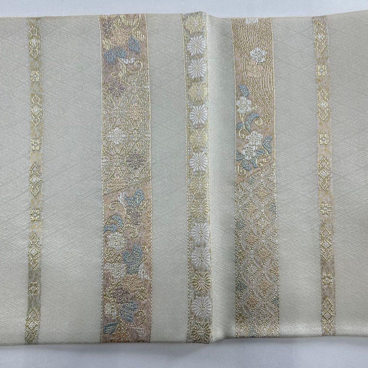 袋帯 秀品 夏帯 縞 草花 金銀糸 クリーム 六通 正絹 【中古