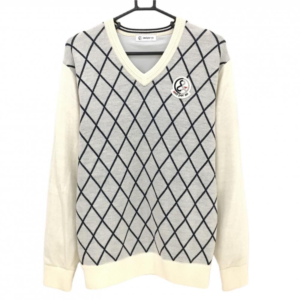 超 アンパスィ 裏地付セーター 白×ネイビー 前身頃ダイヤ柄 ニット メンズ L ゴルフウェア and per se