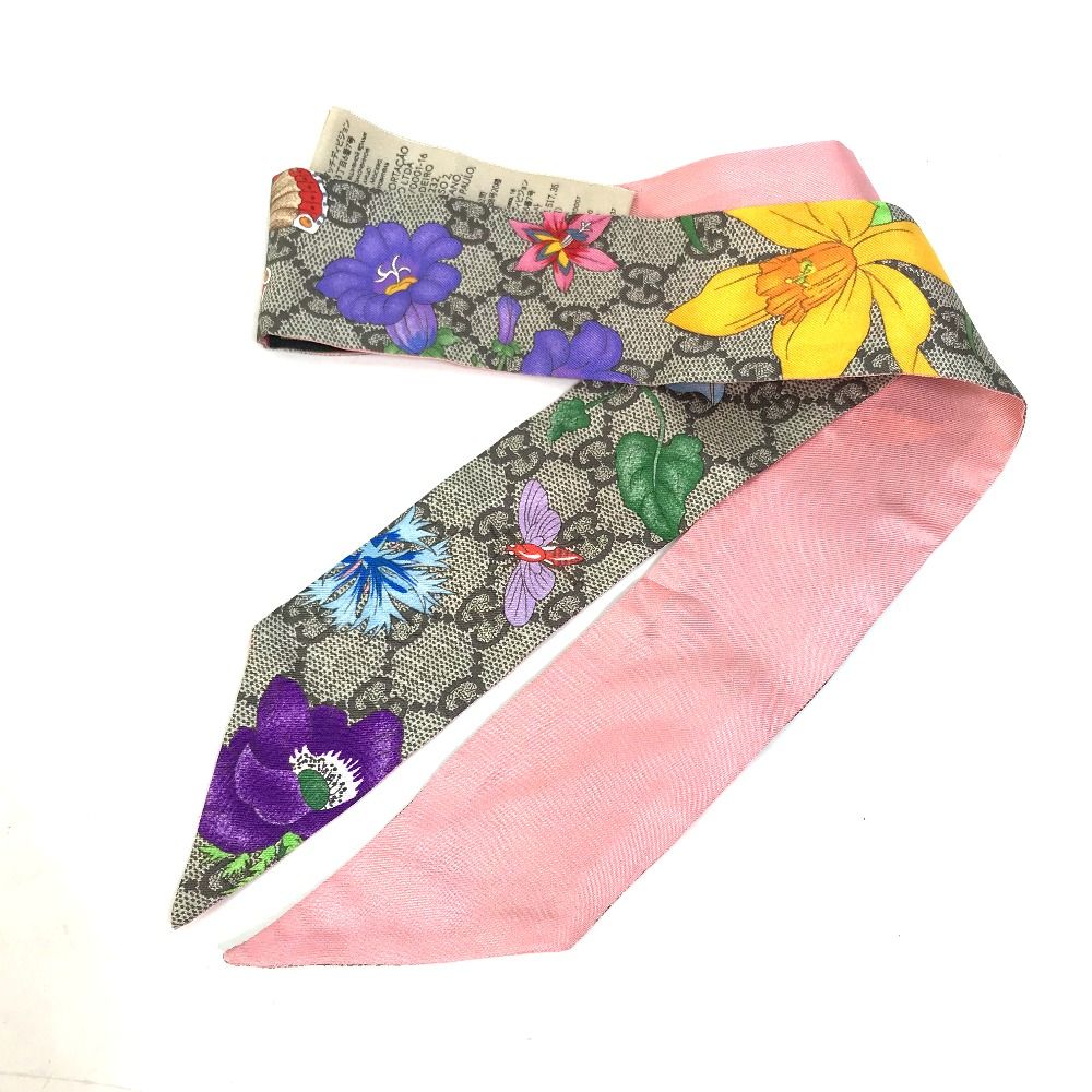 【美品】GUCCI シルク ネックボウ スカーフ 国内直営*GUCCI* グッチ ヘリテージ プリント シルク ネックボウ