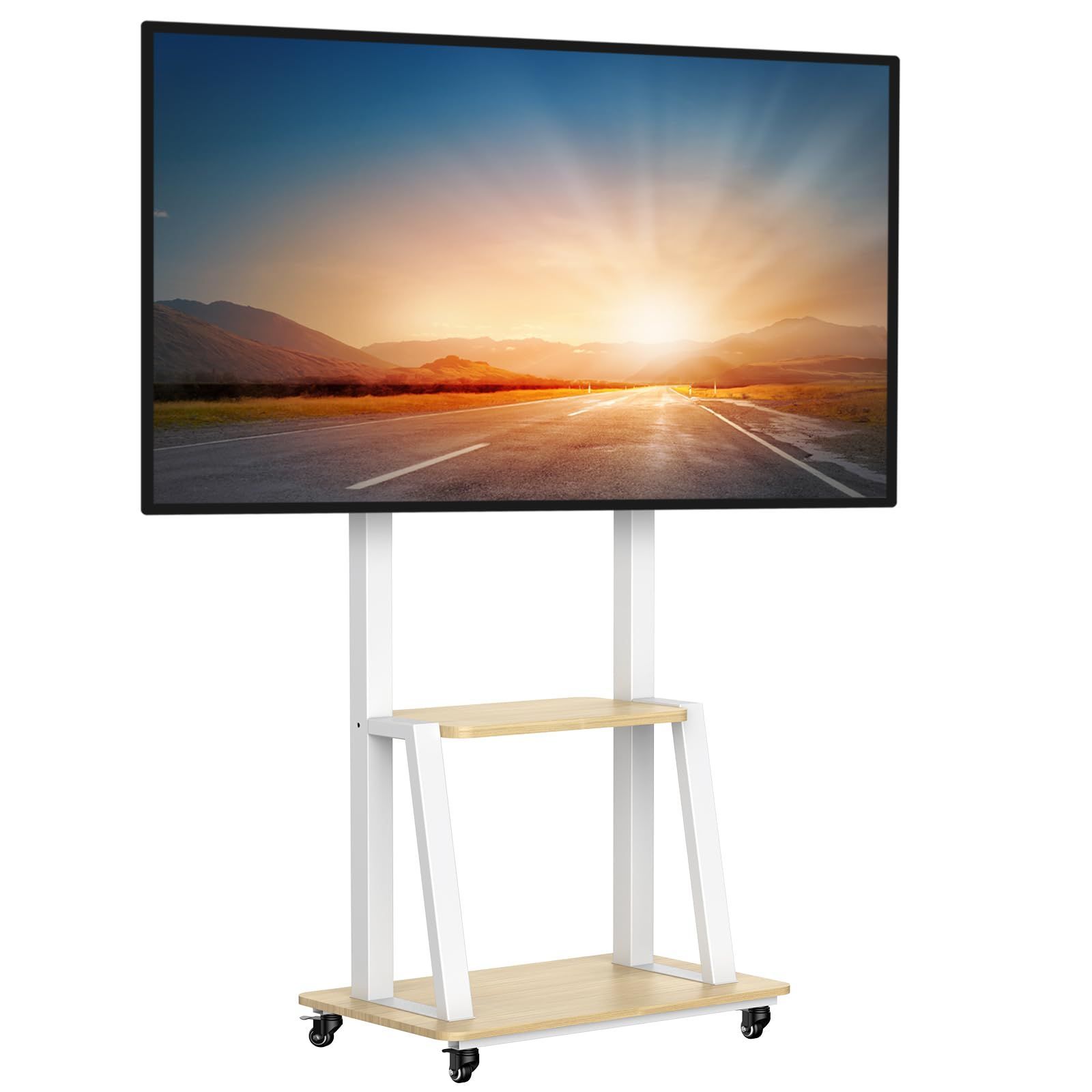 棚付き木製白 stand cart tv 展示用 家用 会議室用 業務用スタンド 省スペース 簡単な組み立て VESA最大600x400mm耐荷重50KG 大型テレビ台移動式スタンド 70型高さ調整 65 60 55 50 32-75インチテレビ43 キャ