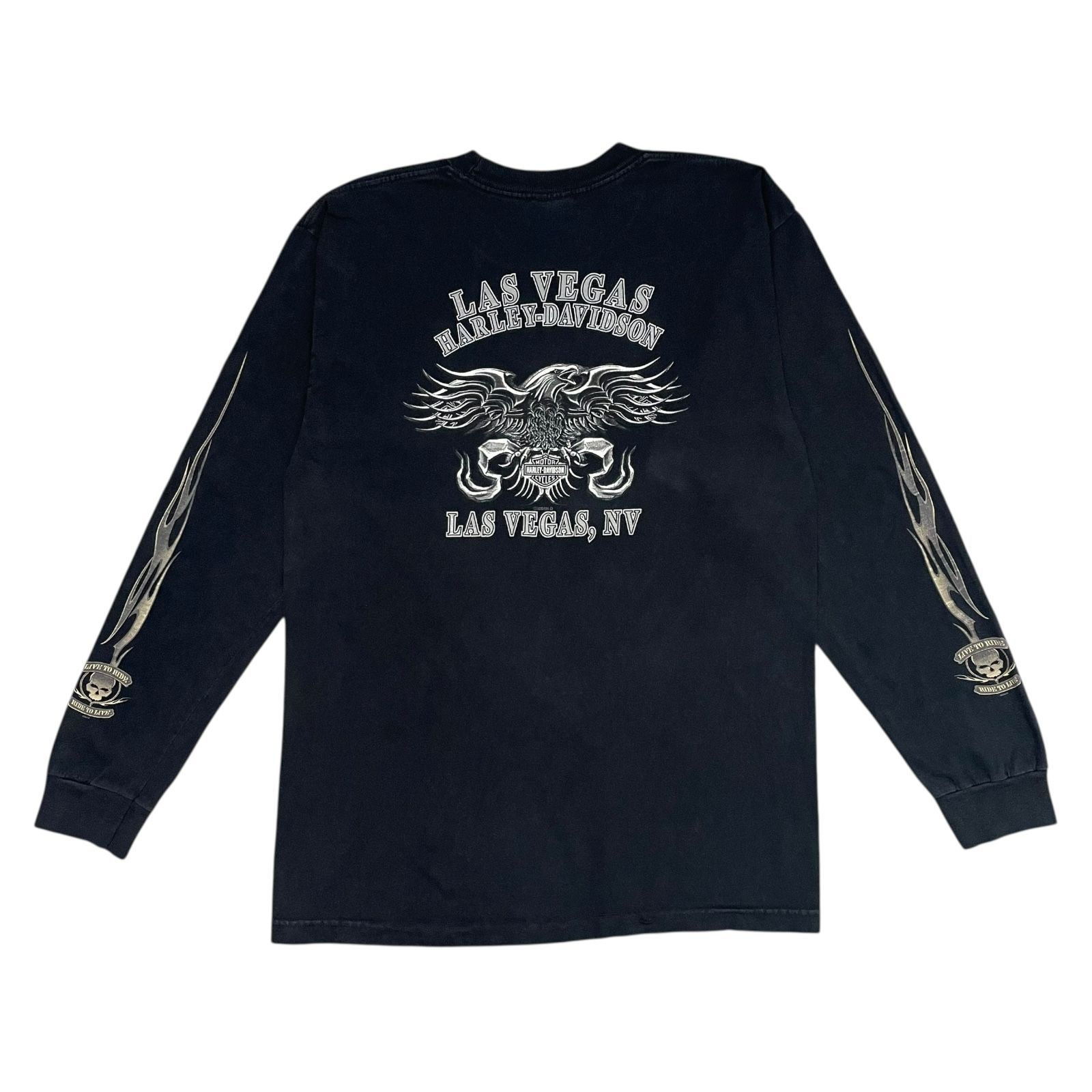 Harleydavidson ロンT 00s usa製 スカル フレイム 古着 00s HARLEY DAVIDSON シールド ファイヤー スカル 長袖 T