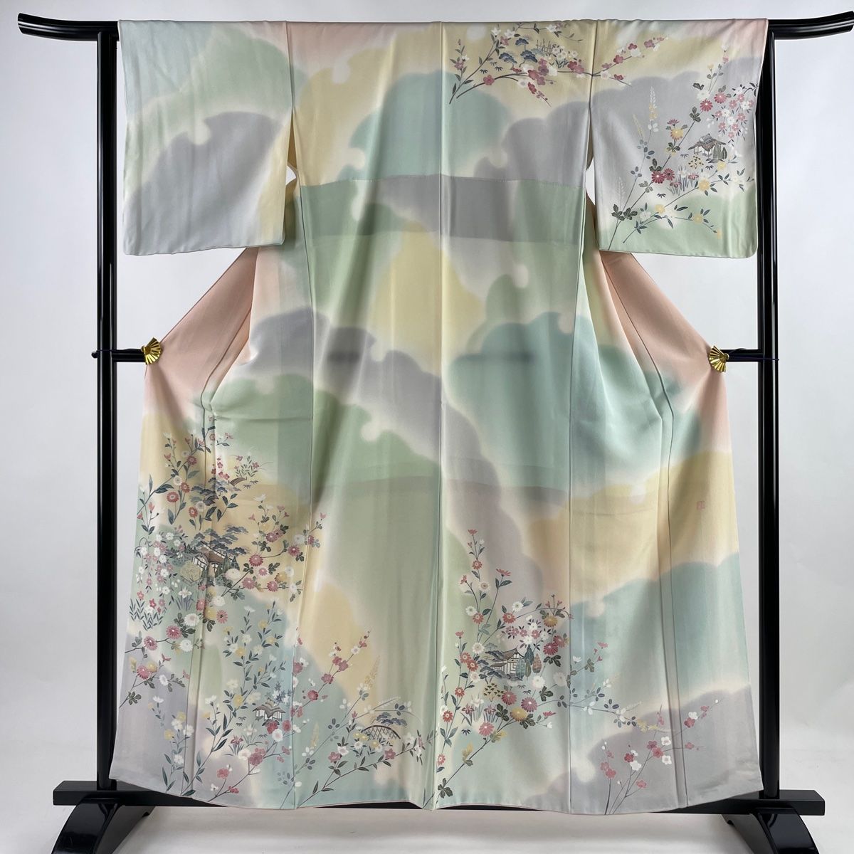 訪問着 身丈158cm 裄丈63.5cm S 袷 草花 菊 ぼかし ベージュ 正絹 美品 ...