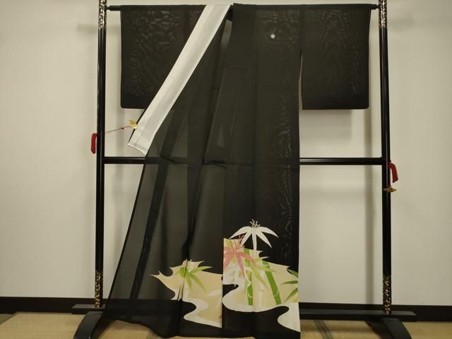 平和屋着物*夏物 黒留袖 絽 駒刺繍 流水笹竹文 銀糸 銀彩 正絹 AABA5769sx