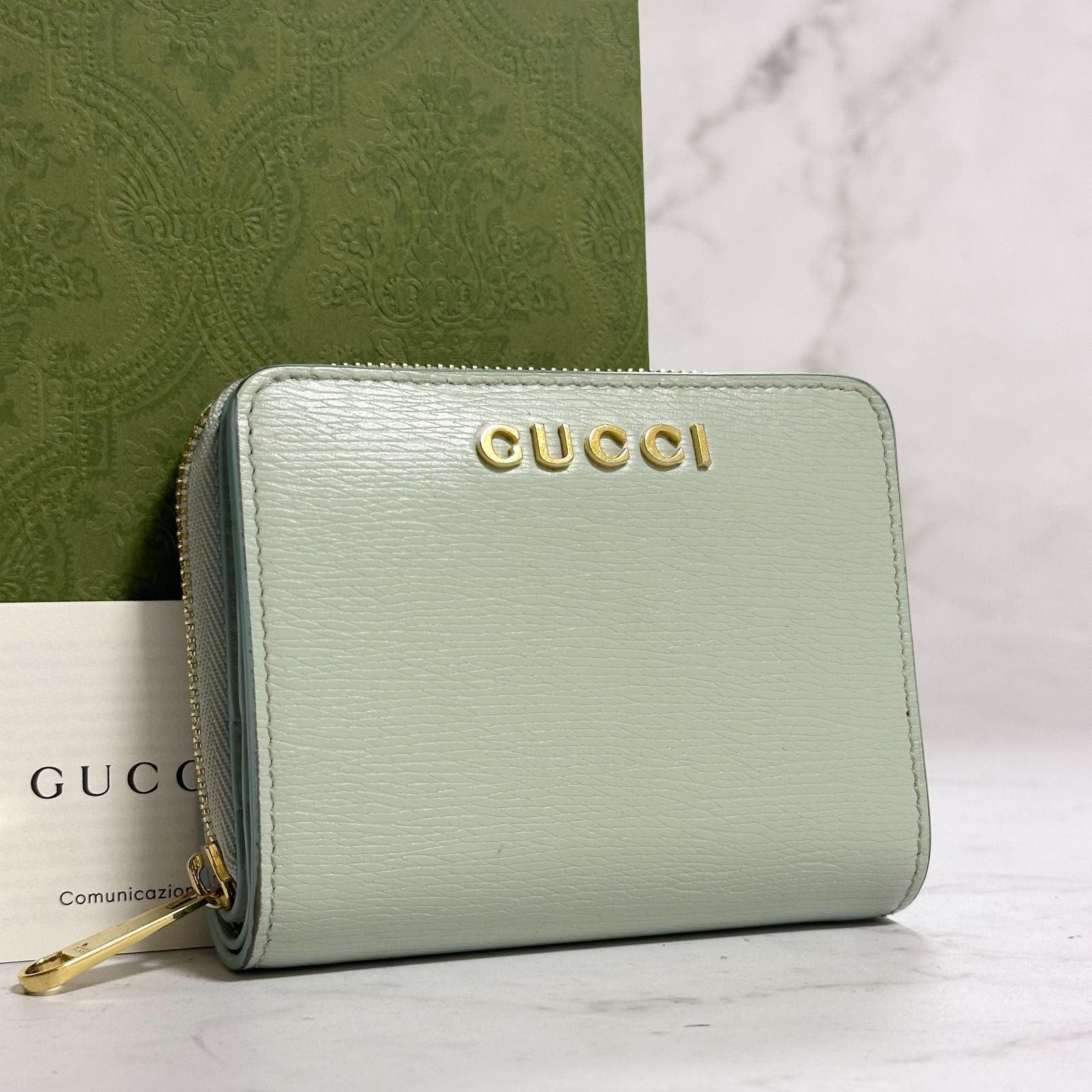 GUCCI✨スクリプトウォレット 二つ折り財布 ロゴ ライトグリーン ミニ 