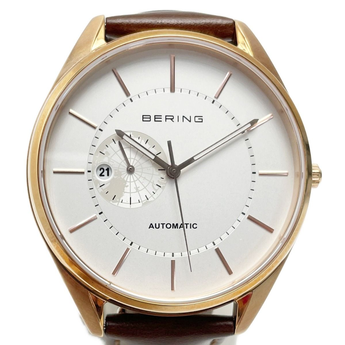 BERING アナログ時計 ホワイト文字盤 ブラックレザー BERING 自動巻き 
