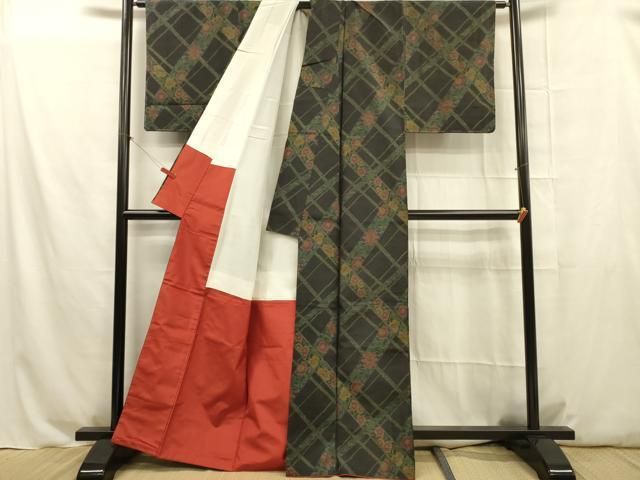 平和屋着物▽上質な紬 単衣 草花文 正絹 逸品 DAAV5205az