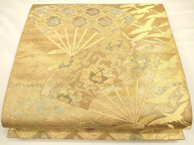 平和屋着物◎六通柄袋帯 青銅金唐織 扇面花文 引箔 正絹 逸品