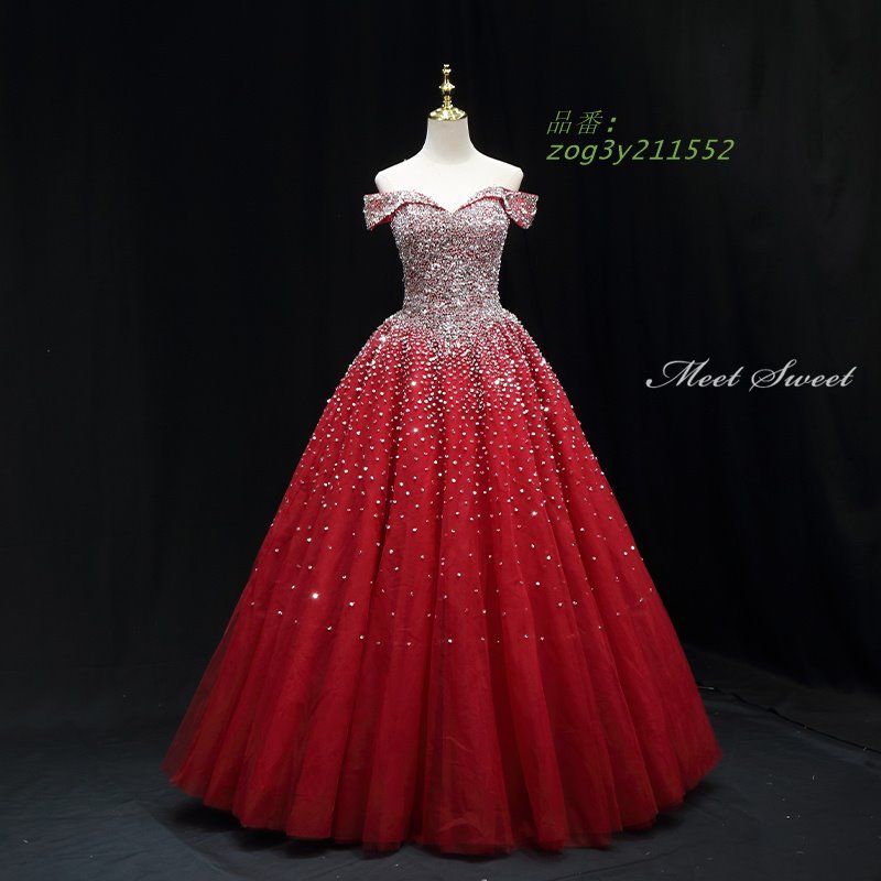 ドレス ロングドレス プリンセスドレス レッド オフショルダー 結婚式 ウエディングドレス 演奏会 上品 発表会 ウェディングドレス スパン 二次会 zog3y211552