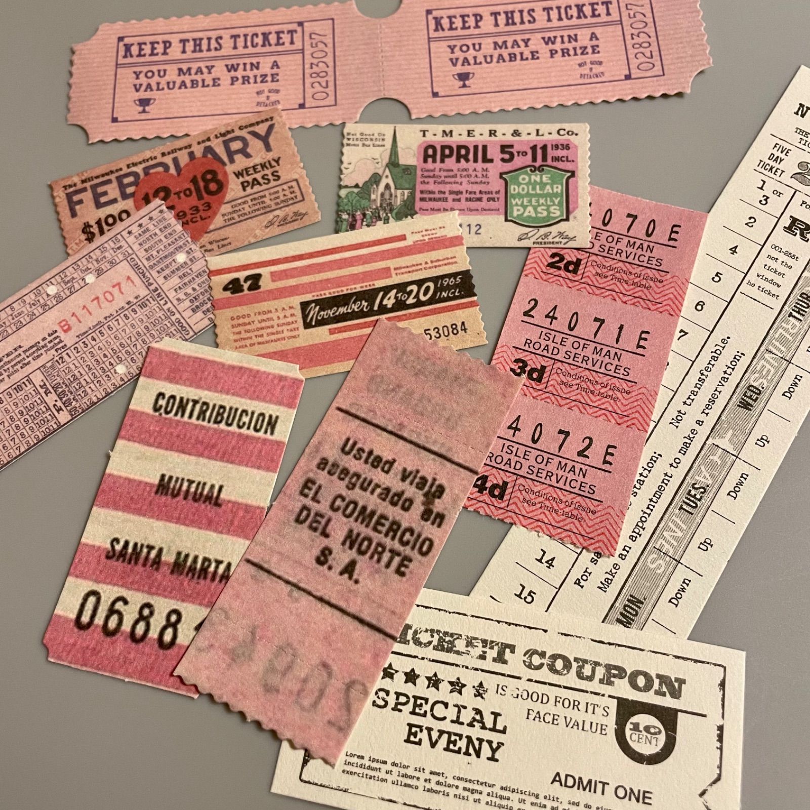 同梱不可 コラージュ素材まとめ売り コラージュ素材セット46枚(ピンク系/紙もの/チケット風素材