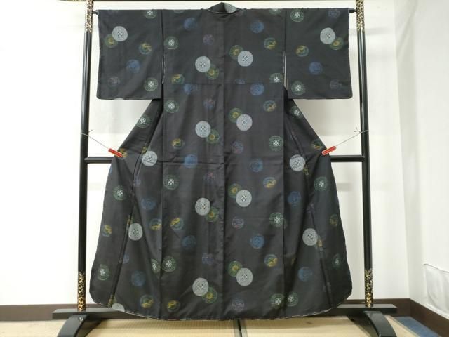 平和屋着物●本場大島紬　割り込み絣　雪輪短冊花唐草文　正絹　逸品　CAAW7712yc 平和屋着物○本場大島紬 割り込み絣 雪輪短冊花唐草文 正絹 逸品