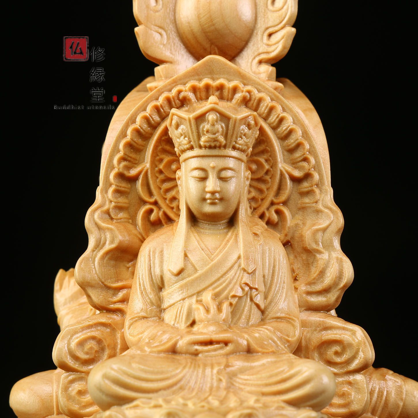 修縁堂】木彫り 仏像 娑婆三聖座像 柘植材 仏教工芸 精密彫刻 仏師で 