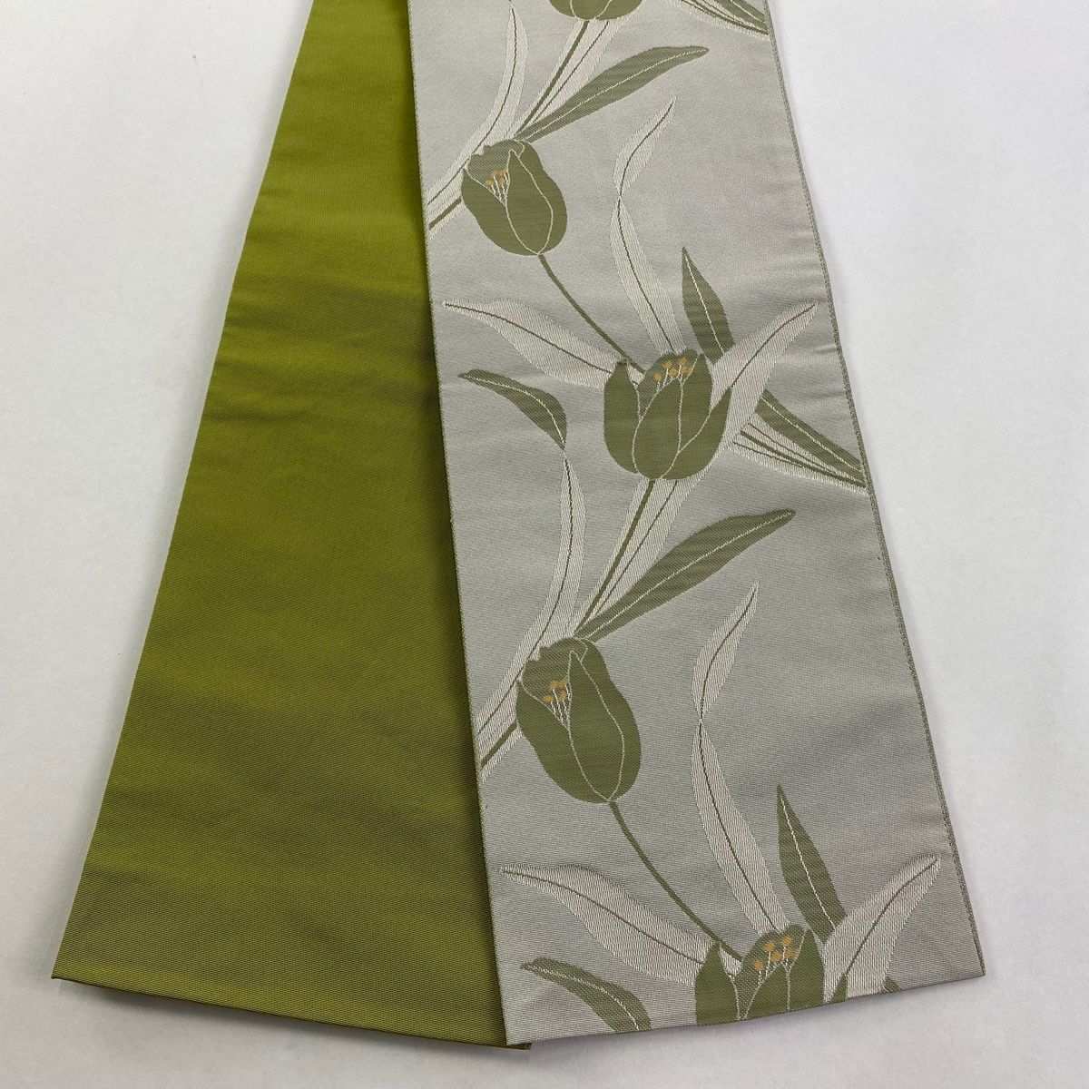 半幅帯 優品 チューリップ よもぎ色 化繊