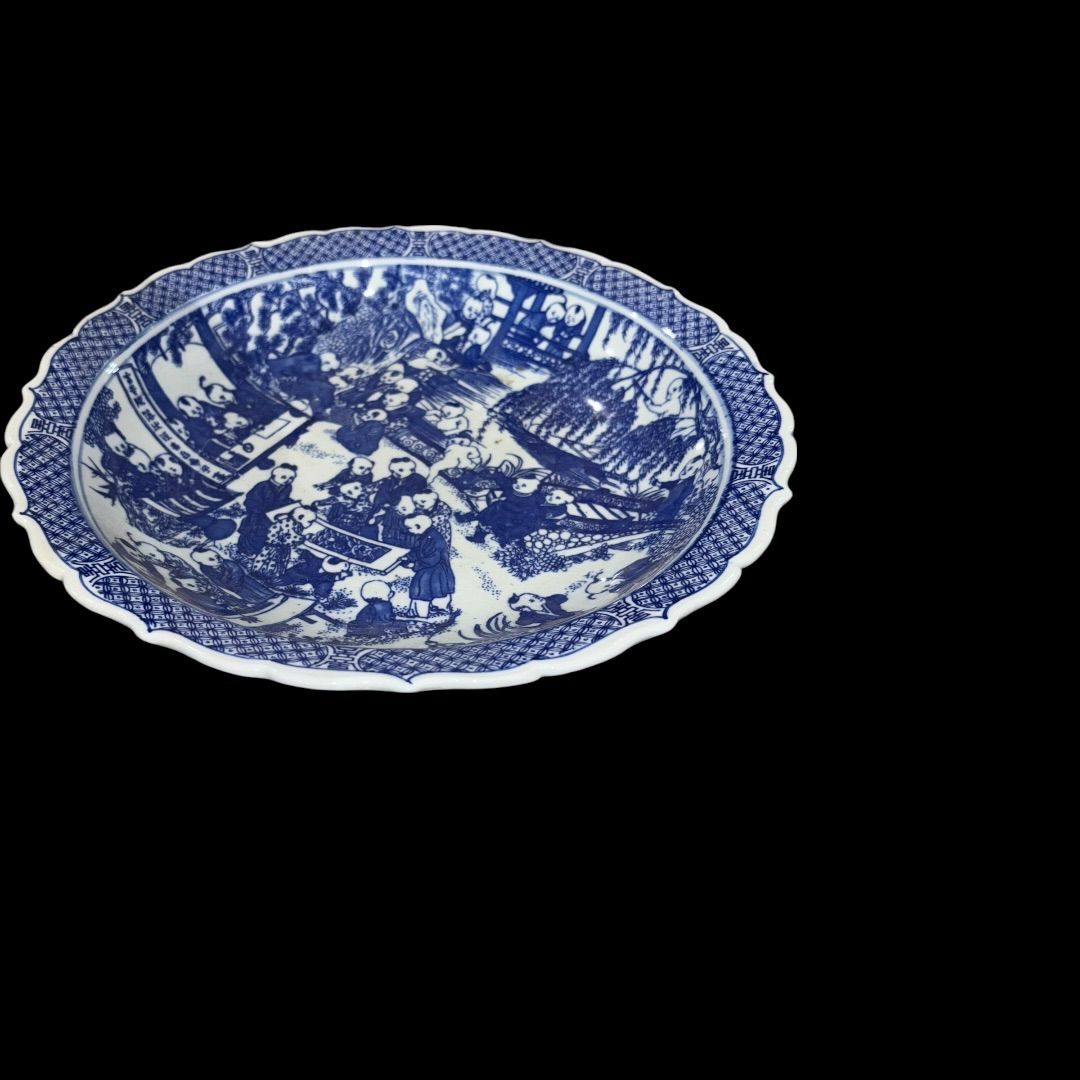 中国美術　中国染付人物文様　絵付大皿　中国ヴィンテージ 刻印あり 中国美術 中国染付人物文様 絵付大皿 中国ヴィンテージ 刻印あり