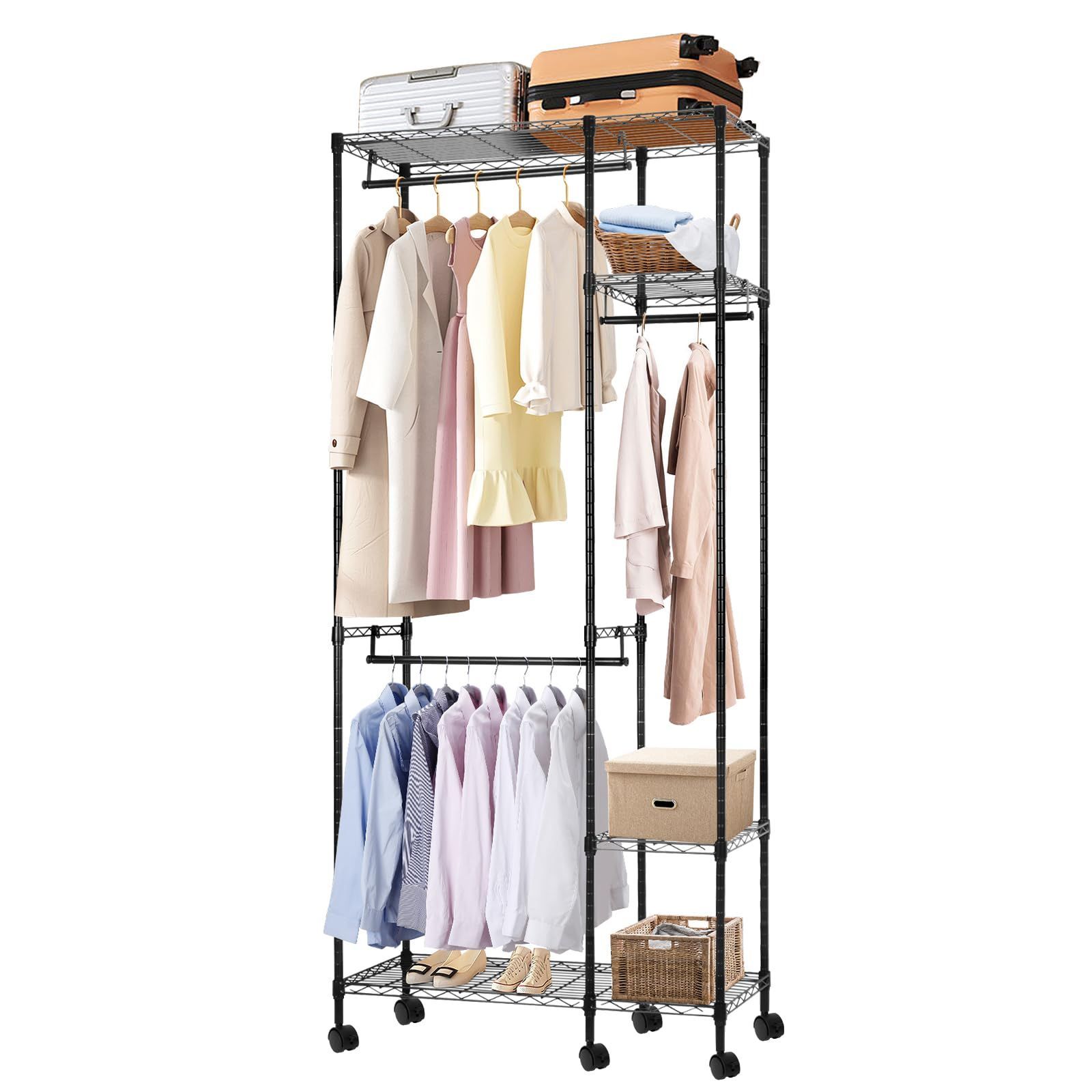数量 大容量 2段 キャスター付き スチールラック 棚付き ワードローブ 耐荷重230KG 洋服ラック 洋服掛け 頑丈 衣類収納 高さ調節 組立簡単 ハンガーラック スリム 幅86 ×奥行39×高さ198cm BreeRainz ブラック 日本語説明