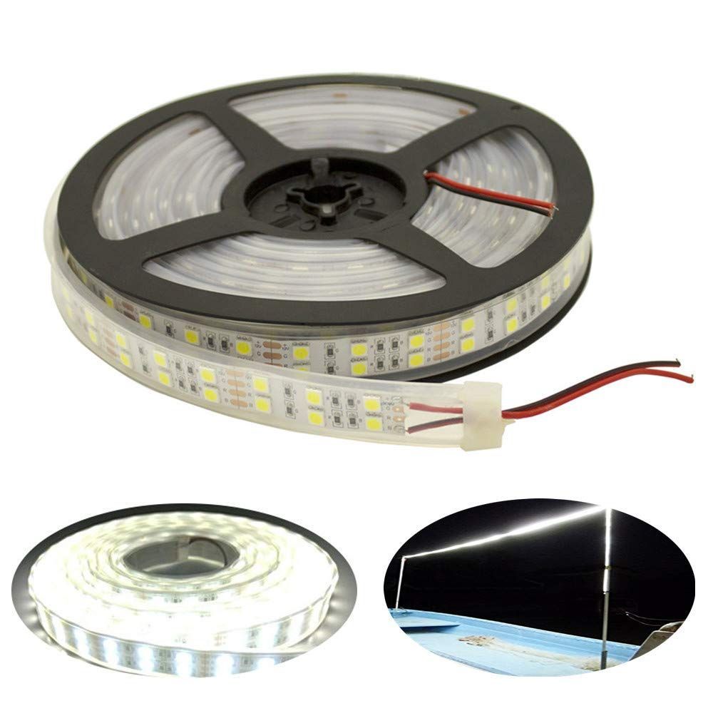LEDテープライト 5m 防水 12V 600連SMD5050 二列式 カバー付 白 ホワイト高輝度 白ベース 正面発光 漁船/船舶/トラック/屋外照明/led間接照明